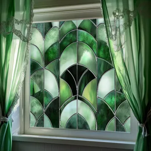 Green Art Deco stained glass window film, static cling privacy decorative window sticker.