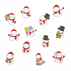 Tableau des tailles détaillé montrant de mignons autocollants de bonhommes de neige de Noël.