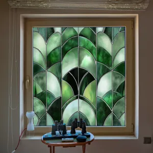 Green art deco fan pattern static cling window film for home glass decoration and privacy.