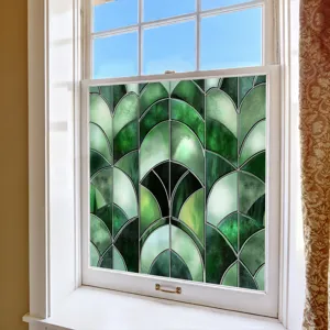 Green geometric window privacy film, static cling stained glass sticker for home decor.