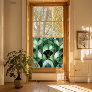Green art deco static window film, PVC decorative glass sticker for home, glue-free design.