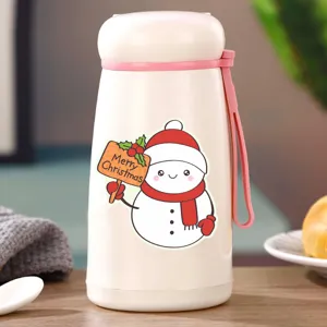 Bouteille isotherme mignonne avec motif de bonhomme de neige de Noël et sangle rose pratique.