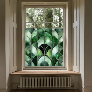 Green Art Deco stained glass window film detail, static cling decorative glass sticker.