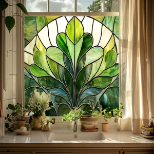 Detailed view of green leaf stained glass window film, static cling PVC home decor sticker.