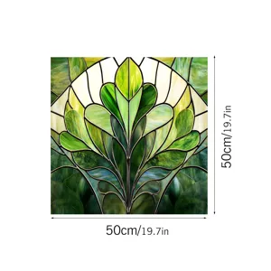Stained glass window sticker detail, green leaf art nouveau pattern, 50x50cm decorative film