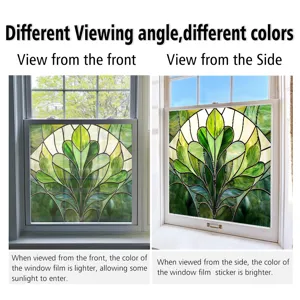 Decorative static window film with green leaf stained glass design for home window decoration.