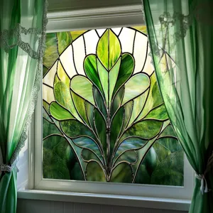 Decorative stained glass window film, PVC static cling art leaf design for home privacy.