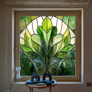 Decorative colorful PVC static window film for home glass, green leaf stained glass design.