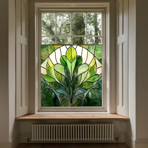 Decorative stained glass window film, green botanical PVC static window sticker for home decor.