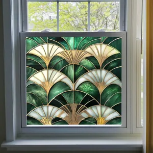 Art deco stained glass window film green gold geometric static cling privacy sticker