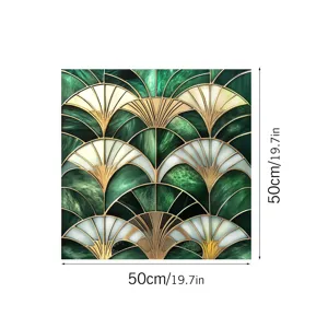 Green and gold art deco fan pattern glass window film detail, decorative privacy sticker.