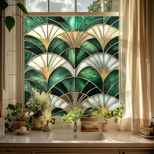 Art Deco decorative window film, green stained glass static cling sticker for home glass.