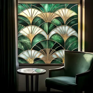 Art Deco PVC static window film green gold geometric glass sticker for home decor