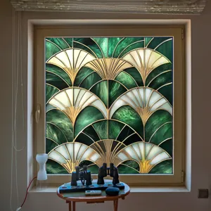 Decorative PVC static window film with elegant art deco fan pattern, glue-free privacy glass sticker.