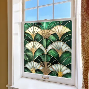 Art Deco green gold static window film, decorative PVC glass sticker for home and office use.
