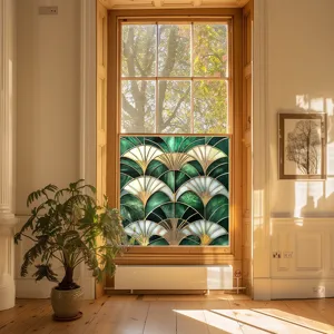 Art deco green fan pattern glass window film sticker detail view for home interior decoration