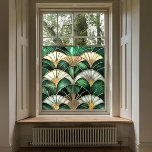 Decorative stained glass window film, green art deco fan static cling privacy sticker.