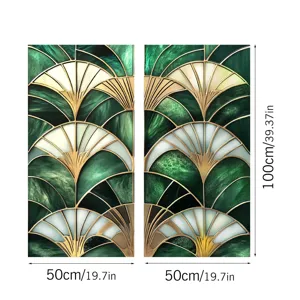Art Deco green gold static window film, PVC decorative glass sticker, 50x100cm size.