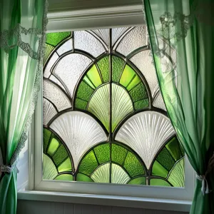 Decorative green stained glass window film art deco fan pattern privacy stickers