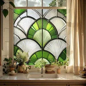 Decorative stained glass window film, geometric fan pattern PVC privacy window sticker.