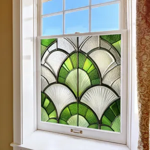 Decorative window privacy film, green art deco static glass sticker for home decor.