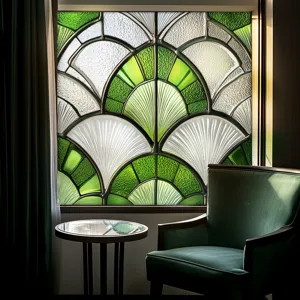 Decorative static cling window film with green fan pattern for home privacy glass decoration.