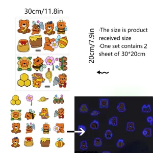 Adorables stickers muraux animés lumineux, motif ours et miel mignon, 2 feuilles par ensemble.