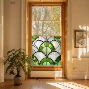 Decorative green stained glass window film, static cling PVC design for home decor detail.