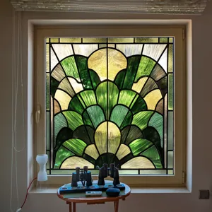 Decorative PVC static window film, stained glass effect, green and yellow fan pattern.