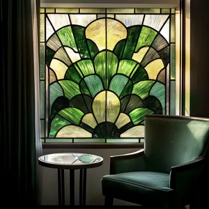 Detailed view of art deco stained glass window film, decorative static PVC glass sticker.