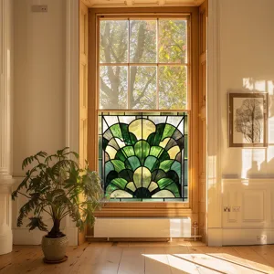 Stained glass window film static cling decorative art deco green floral design for home privacy