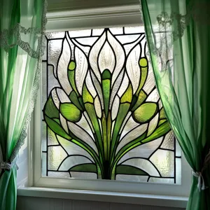 Close-up detail of the botanical stained glass window film, elegant floral design in green.