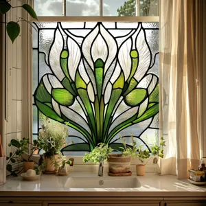 Decorative static window film with stained glass floral art design, easy to apply and remove.