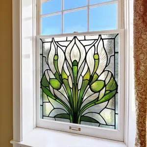 Stained glass window film with elegant white and green calla lilies design for home decor.