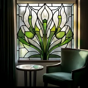 Decorative stained glass window film, static cling PVC floral design for home decor.