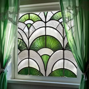 Green stained glass window film detail, art deco static cling decorative film for home decor.