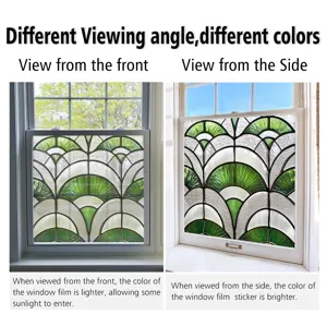 Detail view of stained glass window film showing different color angles from front and side.