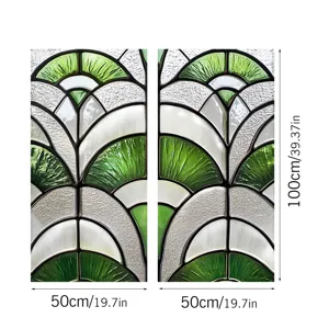 Detail view of green and white art deco stained glass window film, 50x100cm size display.