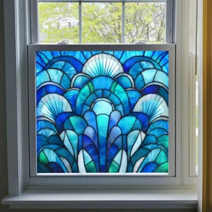 Static cling decorative window film with blue art deco scallop pattern for home glass.