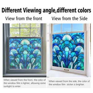 Colorful PVC static window film with Art Deco fan pattern, removable glass sticker for home decor.