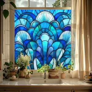Stained glass window film static cling decorative art deco peacock blue privacy film detail