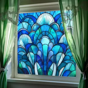 Detailed view of blue stained glass window film scene showing vibrant colors and sunlight effect.