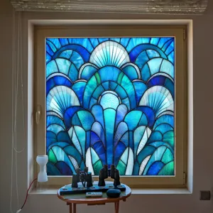 Blue stained glass window film scene, art deco pattern detail for home glass decoration.