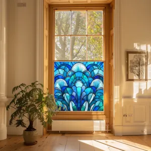 Decorative stained glass window film, blue geometric privacy static cling film for home decor.