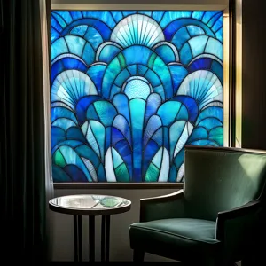 Blue Stained Glass Window Film Static Cling PVC Decorative Window Sticker for Home Use