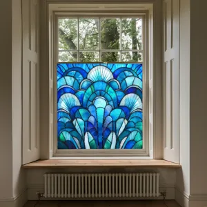 Art Deco stained glass window film, blue geometric static cling sticker for home decor.