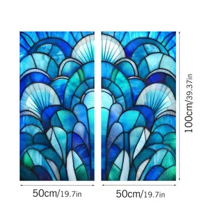 Decorative blue stained glass window film, static cling adhesive free design, 50x100cm size.