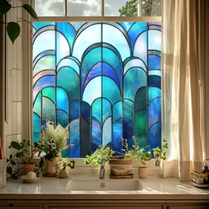 Blue stained glass window film detail, art deco arch static decorative glass sticker for home.