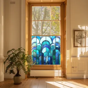 Blue stained glass window film static cling privacy decorative vinyl for home window.