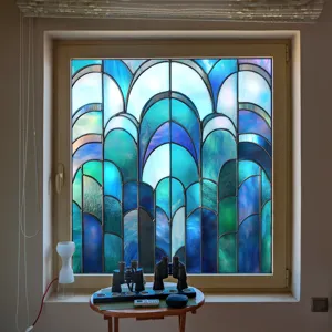 Decorative PVC stained glass window film, blue arched static cling home decor sticker for window.